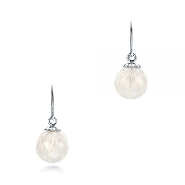 14k White Gold Carved Fresh White Pearl Earrings - Three-Quarter View -  102569