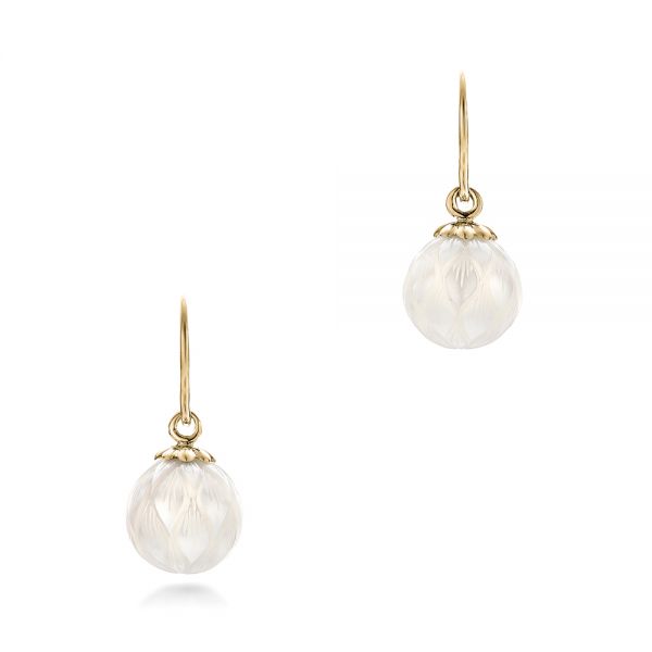 18k Yellow Gold 18k Yellow Gold Carved Fresh White Pearl Earrings - Three-Quarter View -  102569