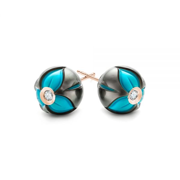 14k Rose Gold 14k Rose Gold Carved Pearl Turquoise Diamond Earrings - Front View - 103250