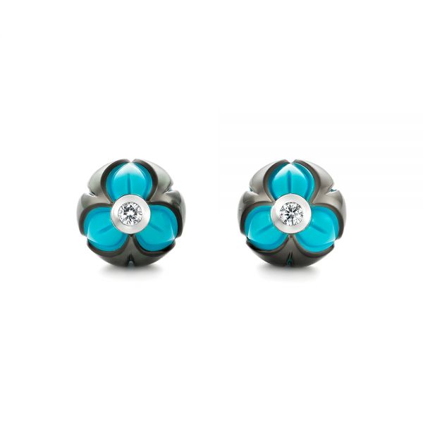 14k White Gold Carved Pearl Turquoise Diamond Earrings - Three-Quarter View -  103250