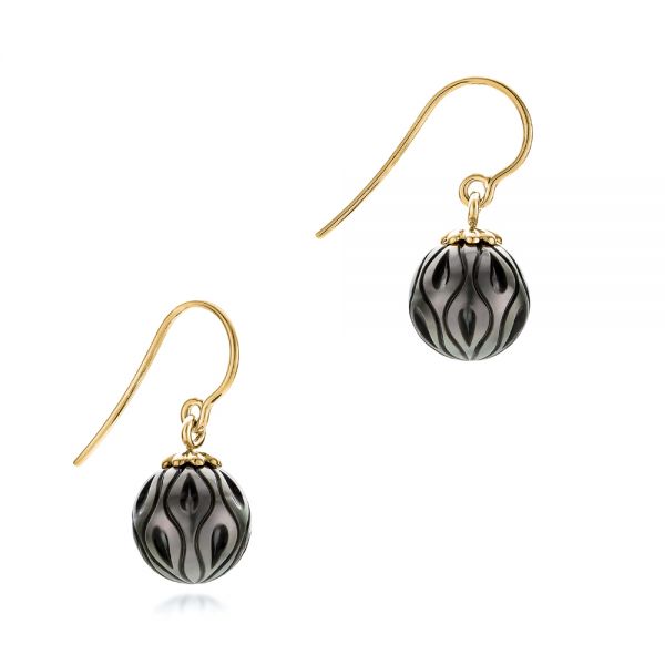 14k Yellow Gold Carved Tahitian Black Pearl Calla Lily Earrings - Front View -  104033
