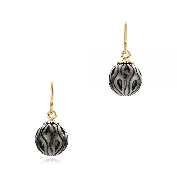 18k Yellow Gold 18k Yellow Gold Carved Tahitian Black Pearl Calla Lily Earrings - Three-Quarter View -  104033