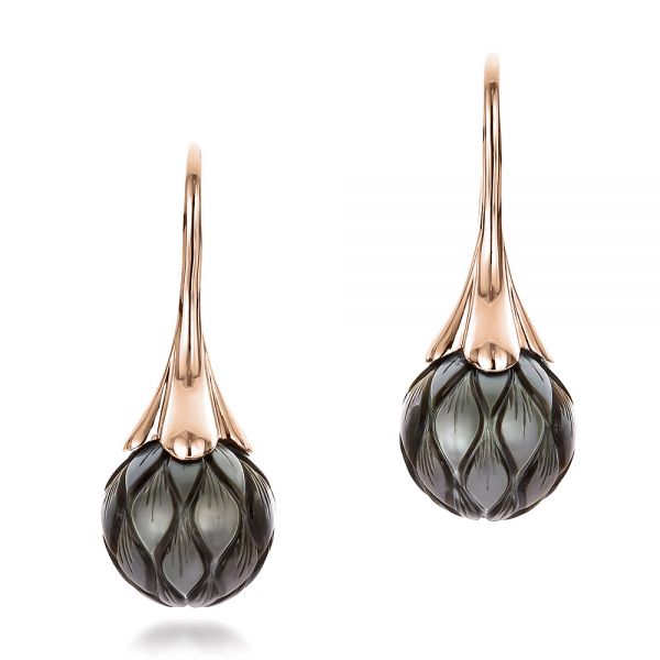 18k Rose Gold 18k Rose Gold Carved Tahitian Pearl Earrings - Three-Quarter View -  100308