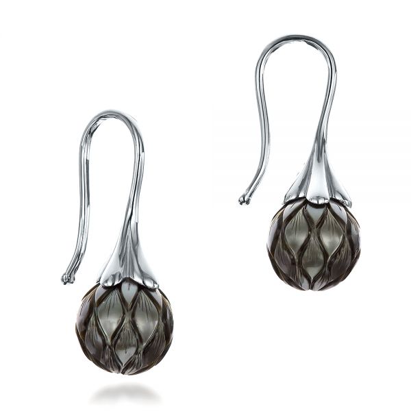 14k White Gold Carved Tahitian Pearl Earrings - Front View -  100308