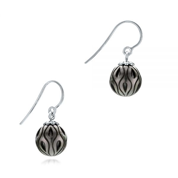 14k White Gold Carved Tahitian Pearl Earrings - Front View -  102576