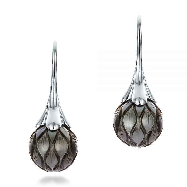  Platinum Platinum Carved Tahitian Pearl Earrings - Three-Quarter View -  100308
