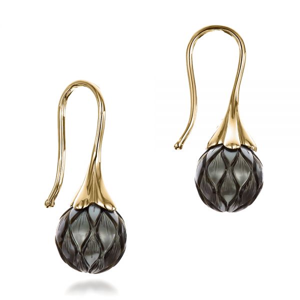 18k Yellow Gold 18k Yellow Gold Carved Tahitian Pearl Earrings - Front View -  100308