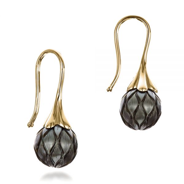 14k Yellow Gold 14k Yellow Gold Carved Tahitian Pearl Earrings - Front View - 100308