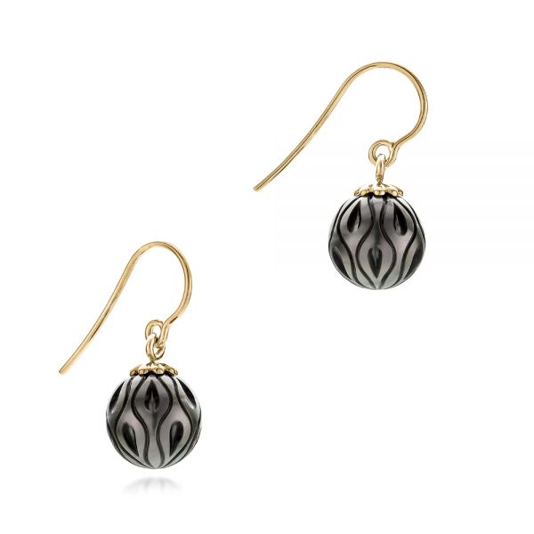 18k Yellow Gold 18k Yellow Gold Carved Tahitian Pearl Earrings - Front View -  102576