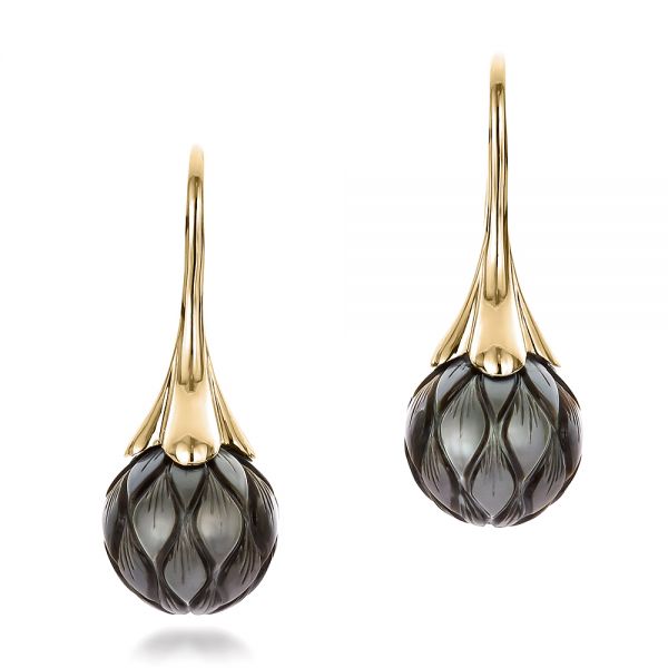 14k Yellow Gold 14k Yellow Gold Carved Tahitian Pearl Earrings - Three-Quarter View -  100308