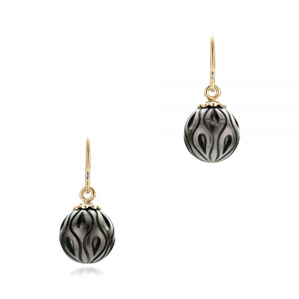 14k Yellow Gold 14k Yellow Gold Carved Tahitian Pearl Earrings - Three-Quarter View -  102576