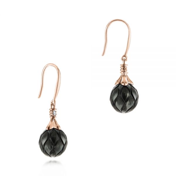 18k Rose Gold 18k Rose Gold Carved Tahitian Pearl And Diamond Earrings - Front View -  103255