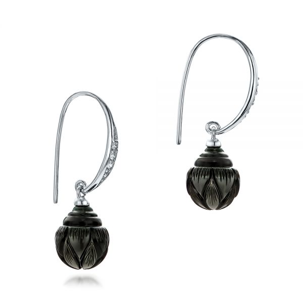 14k White Gold Carved Tahitian Pearl And Diamond Earrings - Front View - 101965