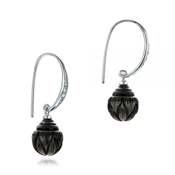 18k White Gold 18k White Gold Carved Tahitian Pearl And Diamond Earrings - Front View -  101965