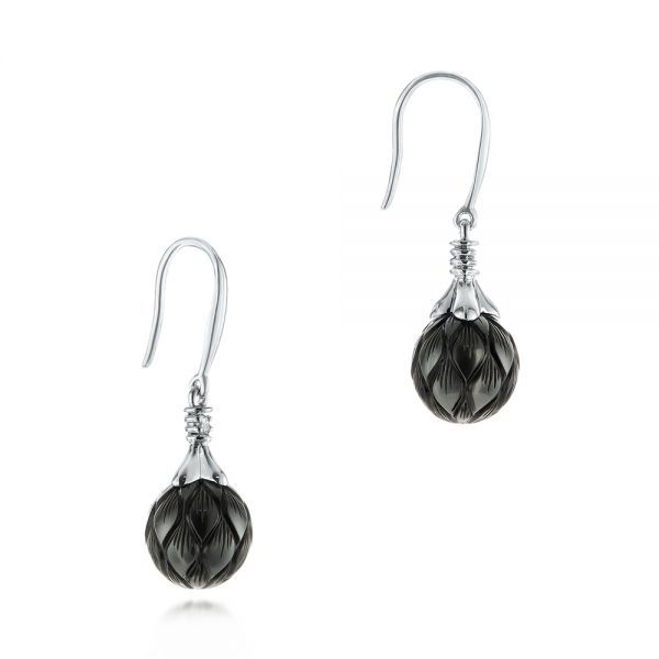 18k White Gold 18k White Gold Carved Tahitian Pearl And Diamond Earrings - Front View -  103255