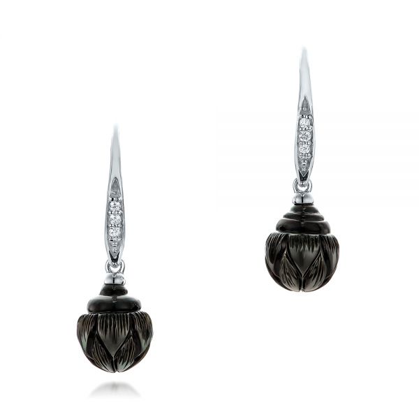 14k White Gold Carved Tahitian Pearl And Diamond Earrings - Three-Quarter View -  101965