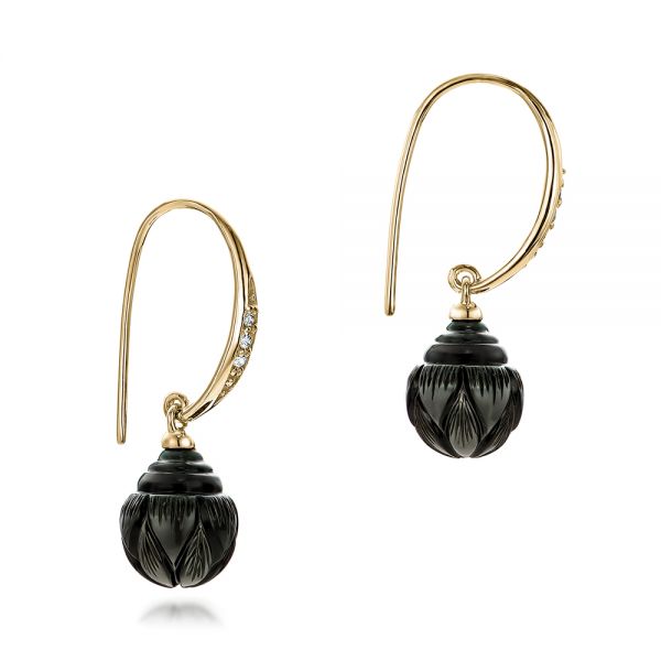 14k Yellow Gold 14k Yellow Gold Carved Tahitian Pearl And Diamond Earrings - Front View -  101965