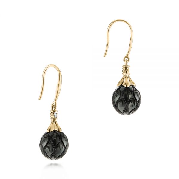 18k Yellow Gold 18k Yellow Gold Carved Tahitian Pearl And Diamond Earrings - Front View -  103255