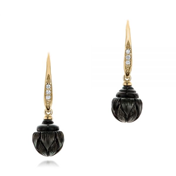 18k Yellow Gold 18k Yellow Gold Carved Tahitian Pearl And Diamond Earrings - Three-Quarter View -  101965