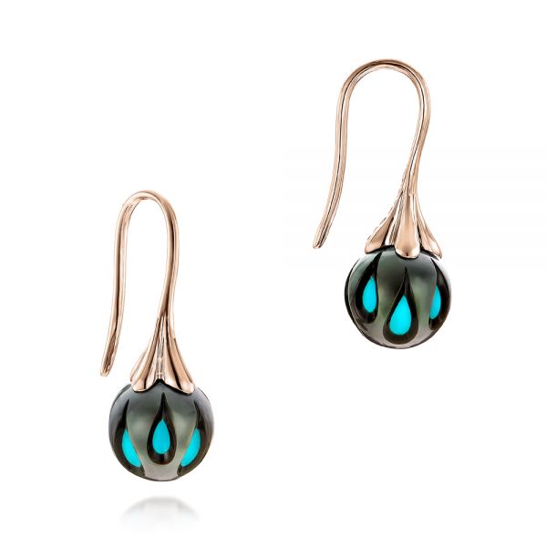 14k Rose Gold 14k Rose Gold Carved Turquoise Tahitian Pearl Earrings - Front View - 101278