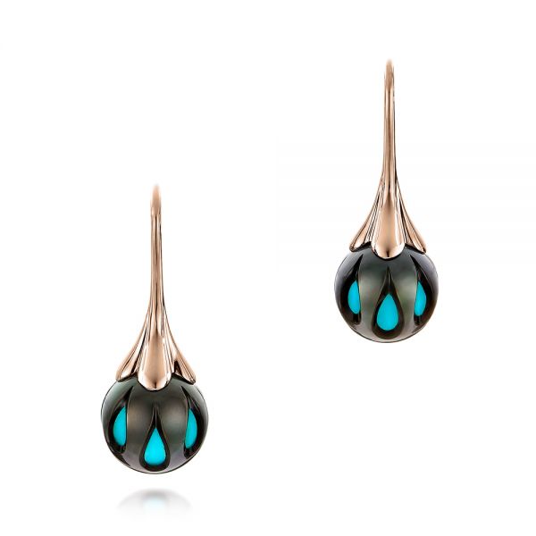14k Rose Gold 14k Rose Gold Carved Turquoise Tahitian Pearl Earrings - Three-Quarter View -  101278