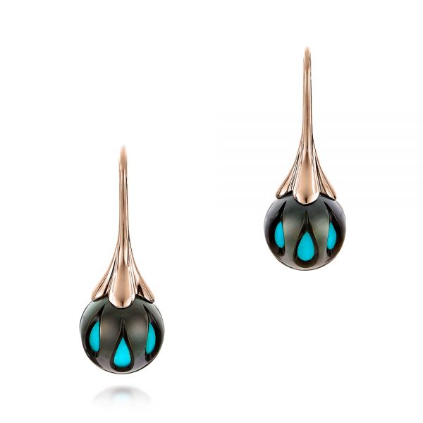 14k Rose Gold 14k Rose Gold Carved Turquoise Tahitian Pearl Earrings - Three-Quarter View - 101278