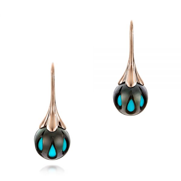 18k Rose Gold 18k Rose Gold Carved Turquoise Tahitian Pearl Earrings - Three-Quarter View -  101278