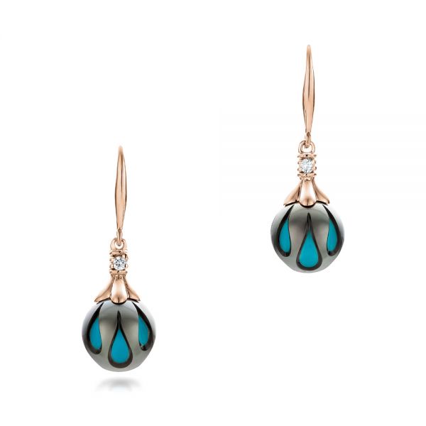 14k Rose Gold 14k Rose Gold Carved Turquoise Tahitian Pearl Earrings - Three-Quarter View -  102572