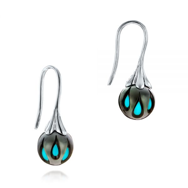 18k White Gold 18k White Gold Carved Turquoise Tahitian Pearl Earrings - Front View -  101278