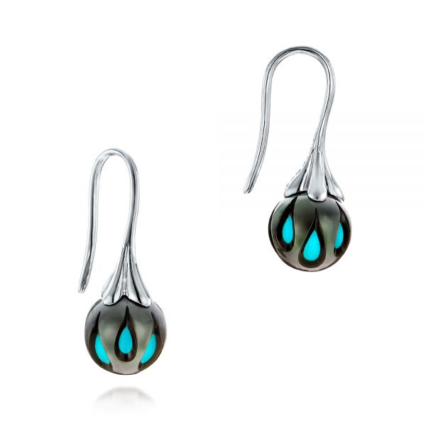 14k White Gold Carved Turquoise Tahitian Pearl Earrings - Front View - 101278