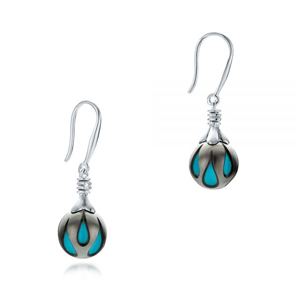 14k White Gold Carved Turquoise Tahitian Pearl Earrings - Front View -  102572
