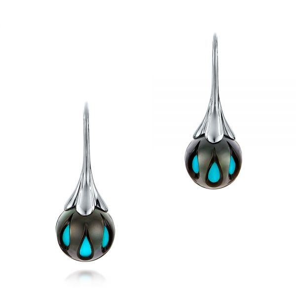 18k White Gold 18k White Gold Carved Turquoise Tahitian Pearl Earrings - Three-Quarter View -  101278