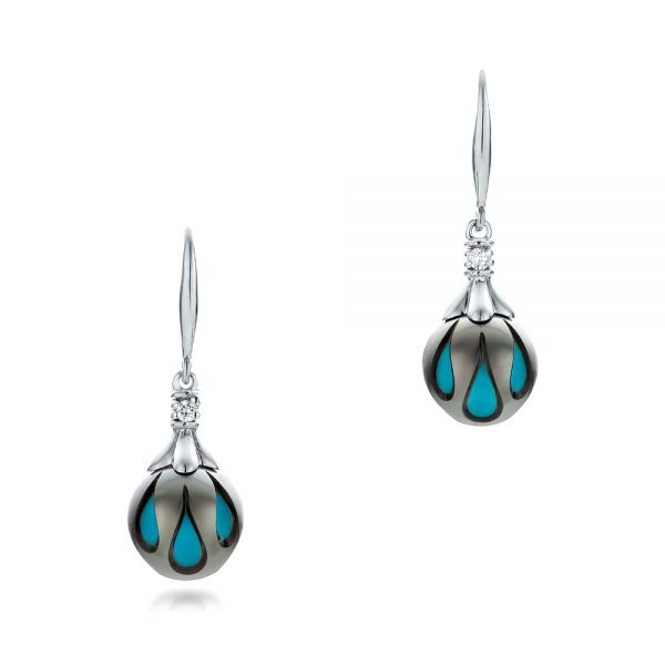 14k White Gold Carved Turquoise Tahitian Pearl Earrings - Three-Quarter View -  102572