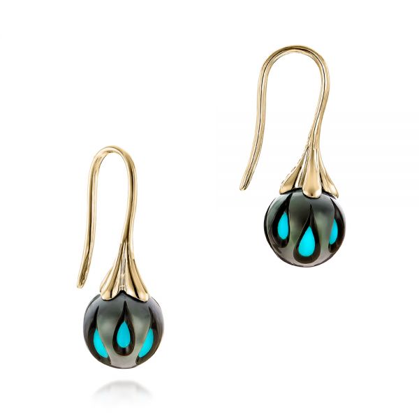 14k Yellow Gold 14k Yellow Gold Carved Turquoise Tahitian Pearl Earrings - Front View - 101278