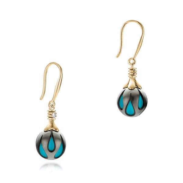 18k Yellow Gold 18k Yellow Gold Carved Turquoise Tahitian Pearl Earrings - Front View -  102572