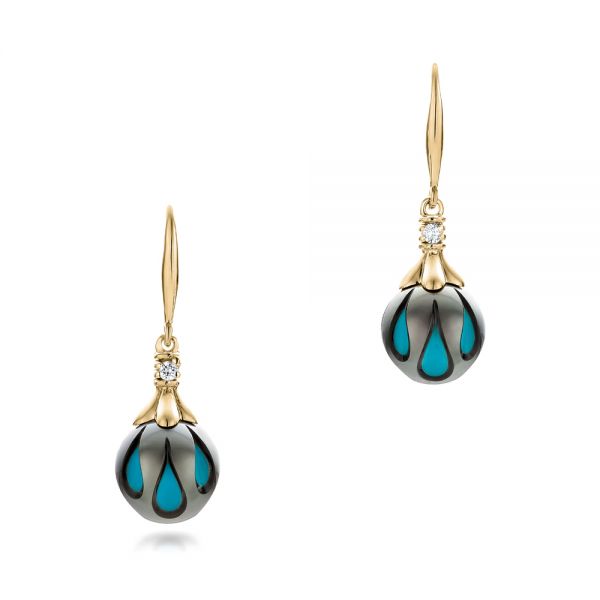 18k Yellow Gold 18k Yellow Gold Carved Turquoise Tahitian Pearl Earrings - Three-Quarter View -  102572