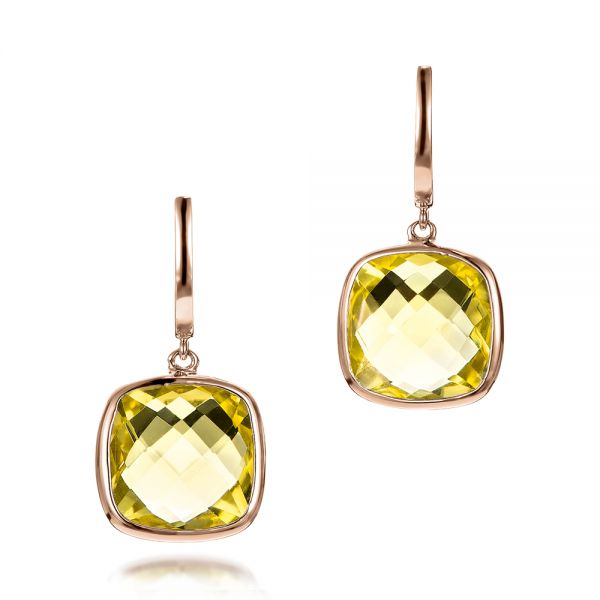 14k Rose Gold 14k Rose Gold Checkerboard Lemon Quartz Earrings - Three-Quarter View -  101019