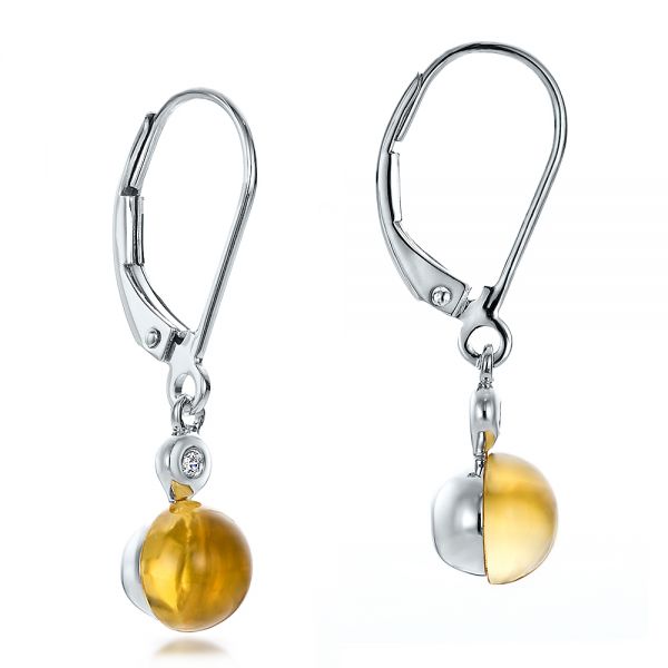 14k White Gold Citrine Cabochon And Diamond Earrings - Front View -  100449