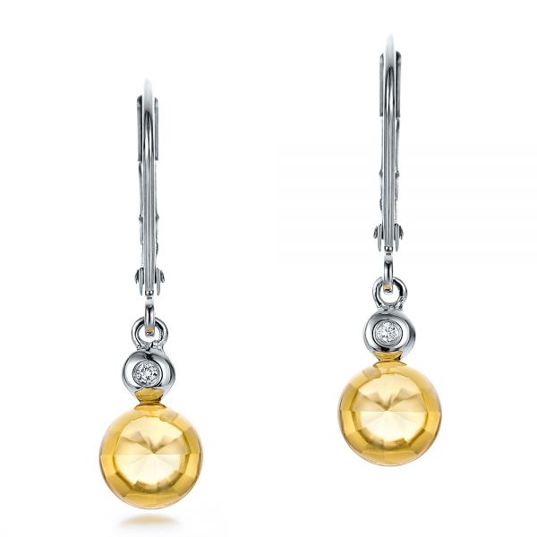 14k White Gold Citrine Cabochon And Diamond Earrings - Three-Quarter View -  100449