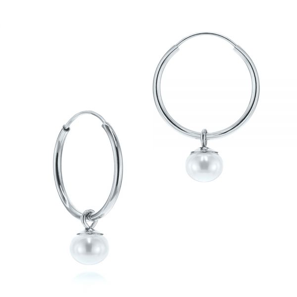 18k White Gold 18k White Gold Cultured Pearl Dangle Hoop Earrings - Front View -  106151
