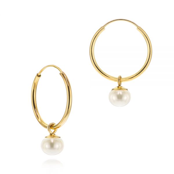 14k Yellow Gold Cultured Pearl Dangle Hoop Earrings - Front View -  106151