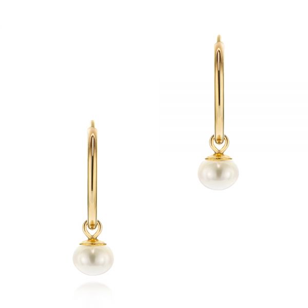 18k Yellow Gold 18k Yellow Gold Cultured Pearl Dangle Hoop Earrings - Three-Quarter View -  106151