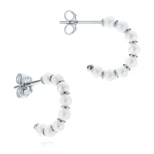  Platinum Platinum Cultured White Pearl Hoop Earrings - Front View -  106160 - Thumbnail