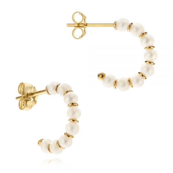 18k Yellow Gold 18k Yellow Gold Cultured White Pearl Hoop Earrings - Front View -  106160 - Thumbnail