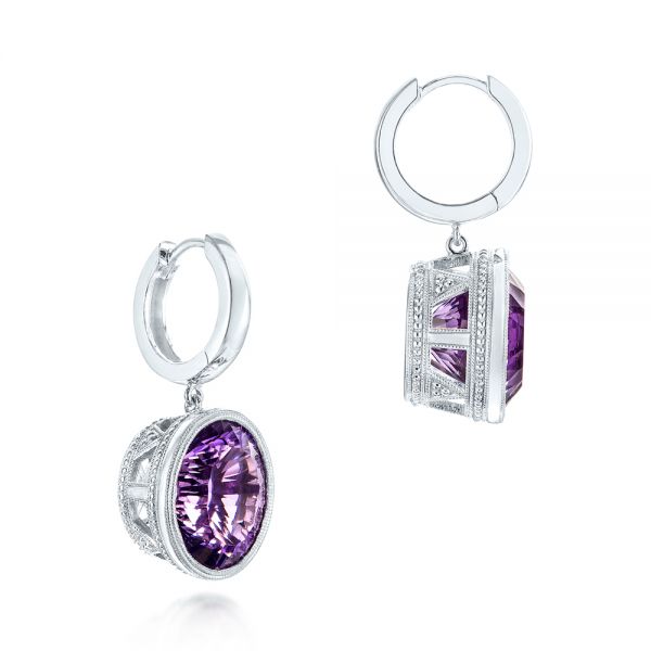 14k White Gold Custom Amethyst Drop Earrings - Front View -  103390