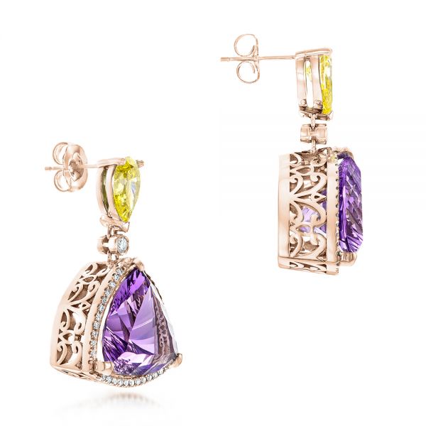 18k Rose Gold 18k Rose Gold Custom Amethyst Yellow And White Diamond Halo Earrings - Front View - 102902