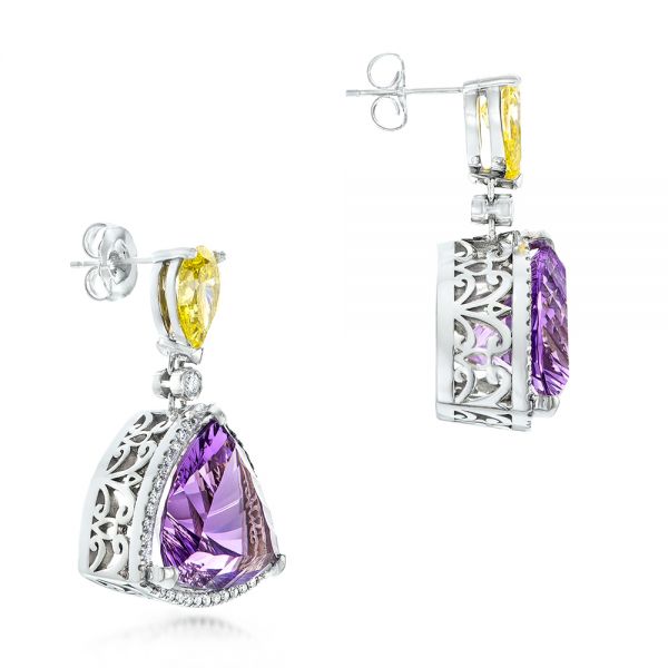 18k White Gold Custom Amethyst Yellow And White Diamond Halo Earrings - Front View -  102902