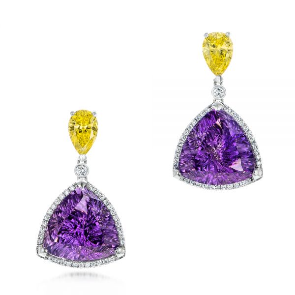 Custom Amethyst, Yellow and White Diamond Halo Earrings - Image