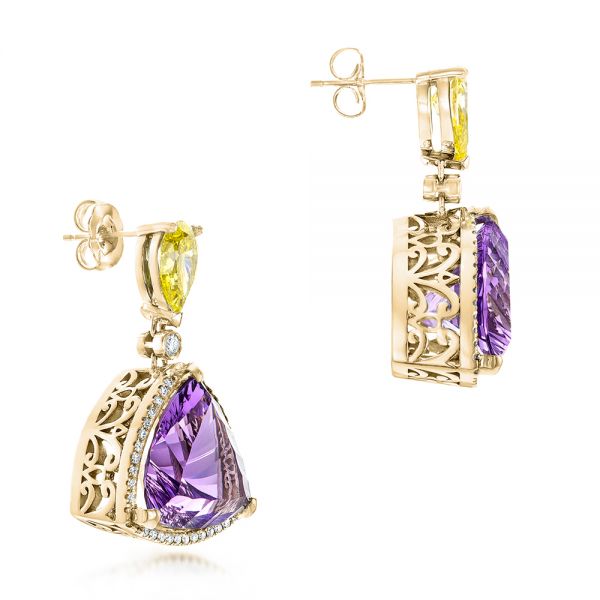 14k Yellow Gold 14k Yellow Gold Custom Amethyst Yellow And White Diamond Halo Earrings - Front View - 102902