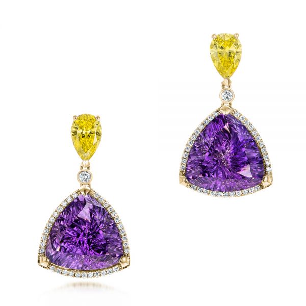 18k Yellow Gold 18k Yellow Gold Custom Amethyst Yellow And White Diamond Halo Earrings - Three-Quarter View -  102902